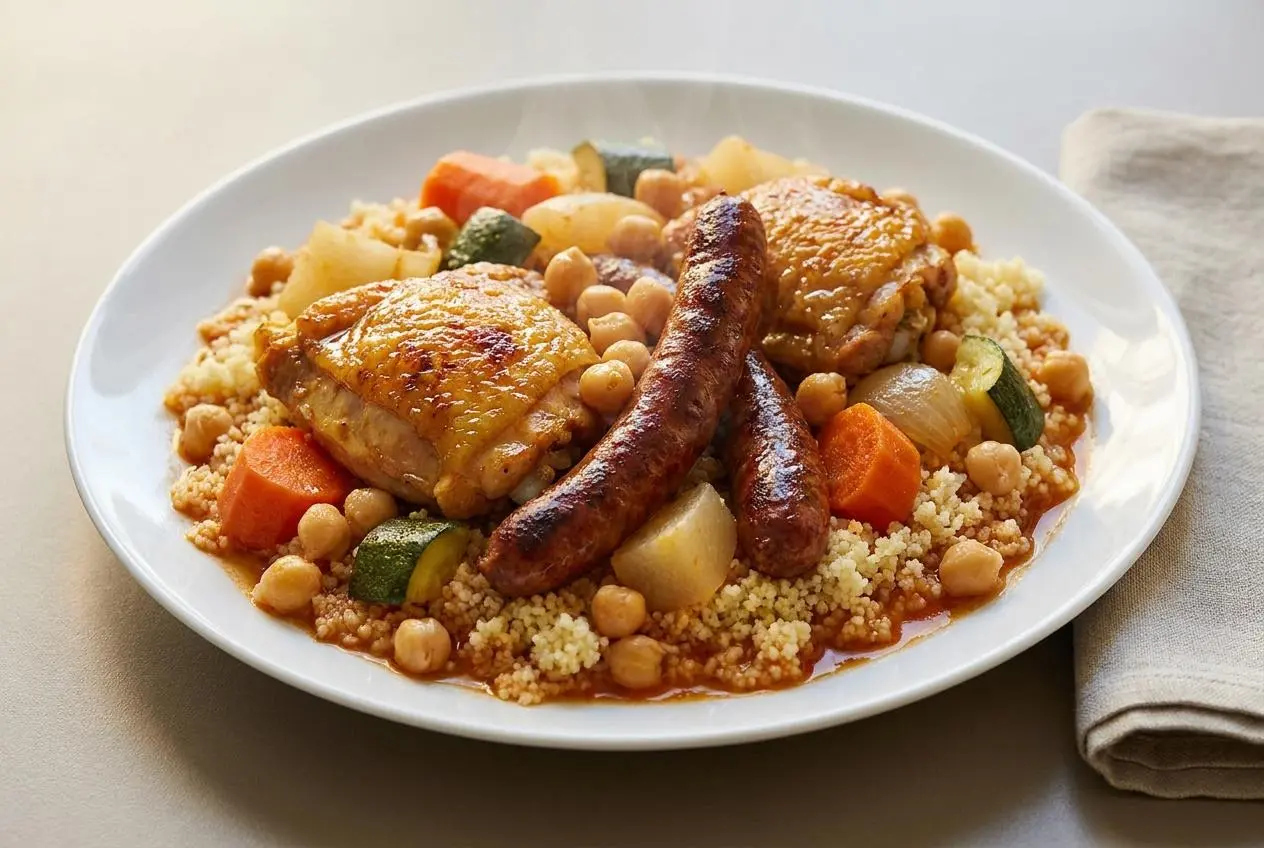 Couscous au Cookeo avec cuisses de poulet dorées, merguez, légumes fondants et bouillon rouge épicé