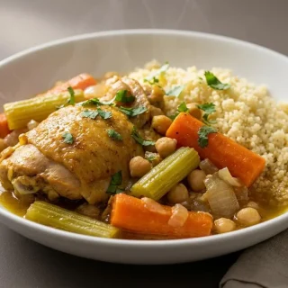 Plat de couscous poulet garni de cuisses dorées, légumes mijotés et semoule fine bien égrainée.