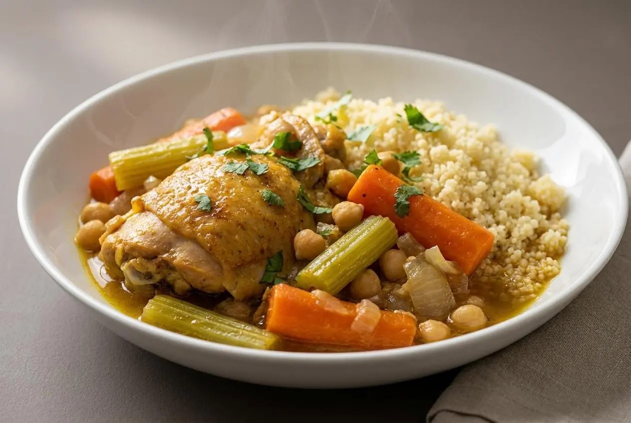 Plat de couscous poulet garni de cuisses dorées, légumes mijotés et semoule fine bien égrainée.