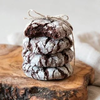 Crinkles au chocolat craquelés enrobés de sucre glace blanc immaculé sur un plat de service.