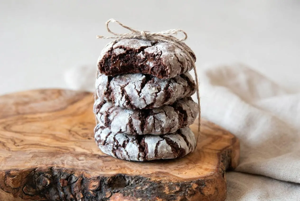Crinkles au chocolat craquelés enrobés de sucre glace blanc immaculé sur un plat de service.