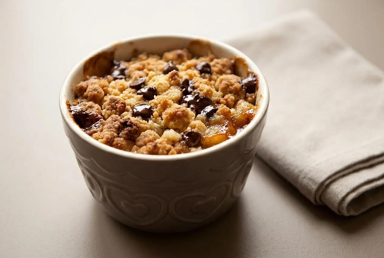 Crumble poire chocolat Cyril Lignac sorti du four avec une pâte sablée croustillante et dorée.