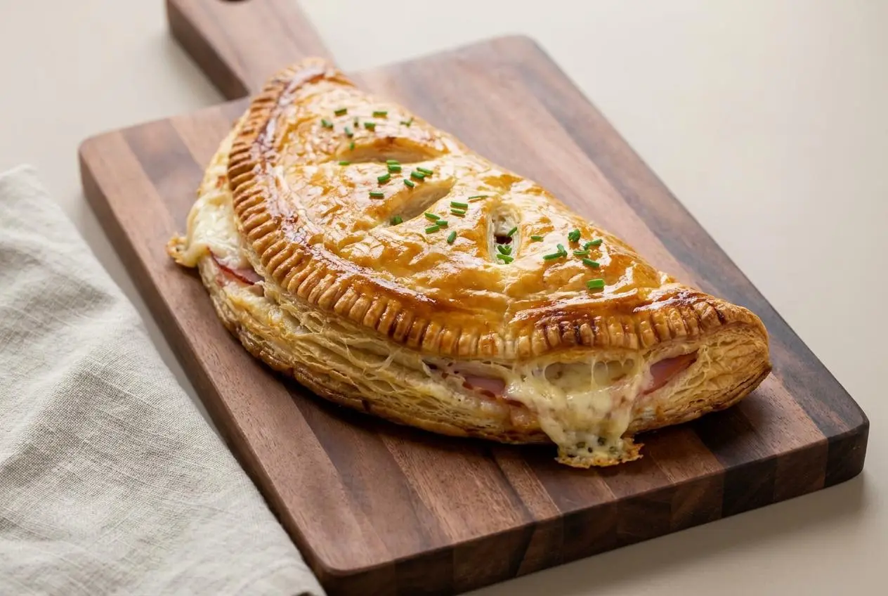 Feuilleté jambon fromage doré et croustillant garni de gruyère fondant et de jambon.