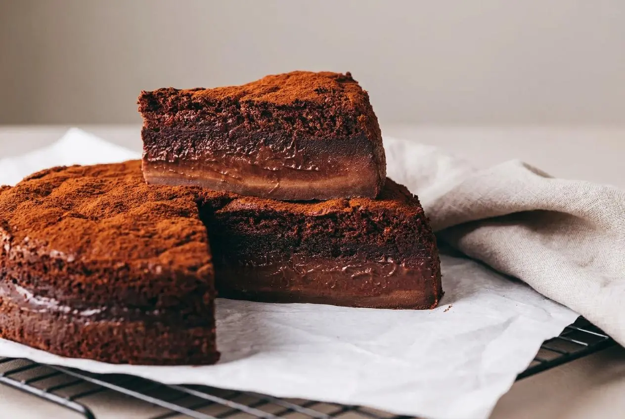 Part de gâteau magique au chocolat aux trois textures fondantes, poudrée d'un voile de cacao amer.