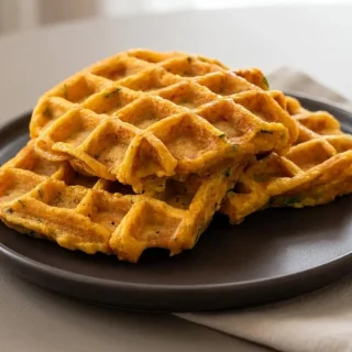 Gaufres de patate douce bien dorées avec une croûte croustillante et des alvéoles régulières.