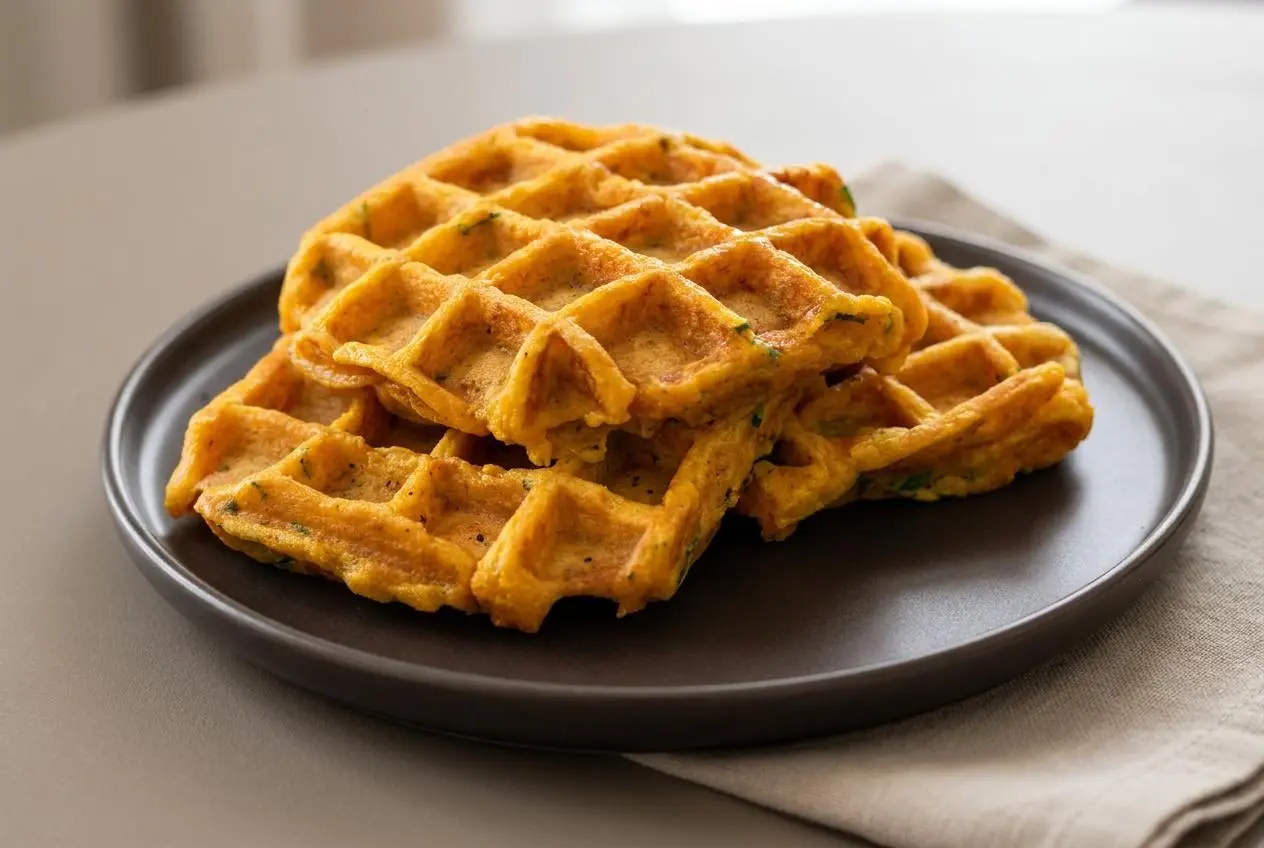 Gaufres de patate douce bien dorées avec une croûte croustillante et des alvéoles régulières.