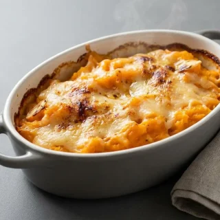 Gratin de potimarron fondant à la crème et parmesan à la croûte dorée dans un plat en céramique.