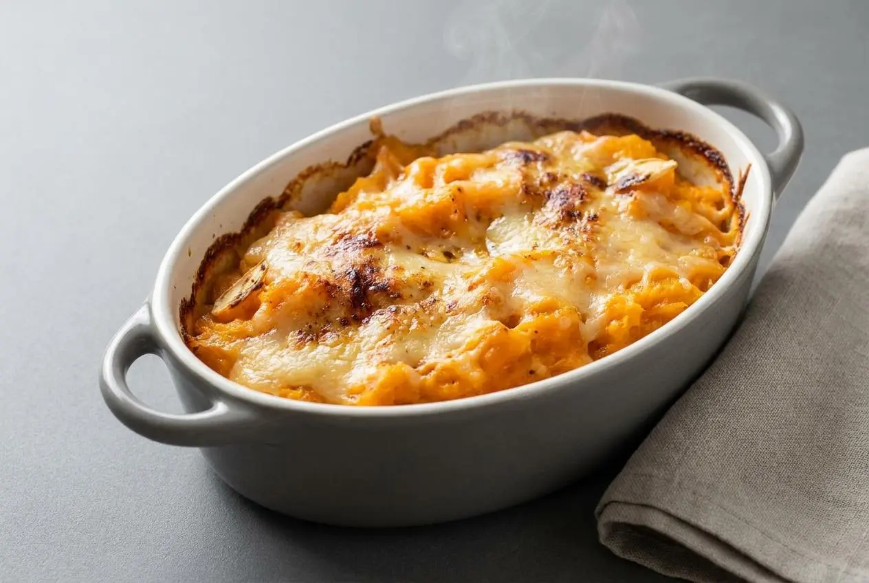 Gratin de potimarron fondant à la crème et parmesan à la croûte dorée dans un plat en céramique.