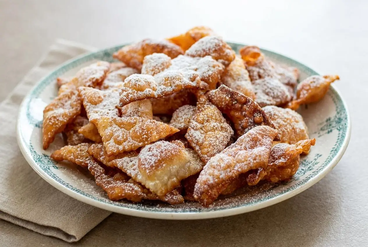 Oreillettes provençales très fines et dorées poudrées de sucre glace.