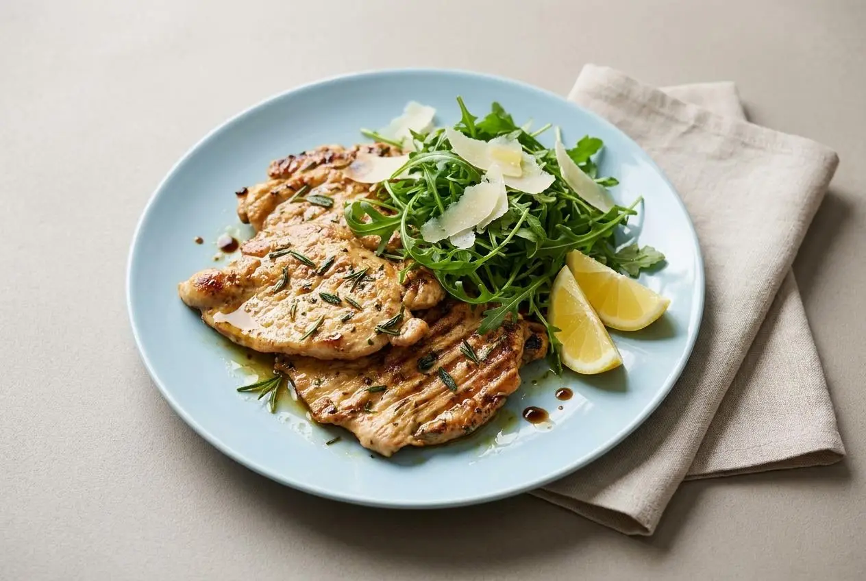 Paillard de poulet doré et juteux avec marinade aux herbes et roquette au parmesan