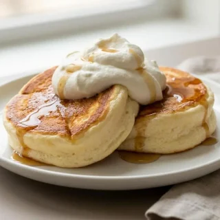 Pancakes japonais soufflés bien gonflés et dorés dressés sur une assiette en céramique claire