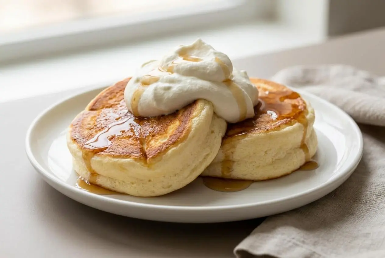 Pancakes japonais soufflés bien gonflés et dorés dressés sur une assiette en céramique claire