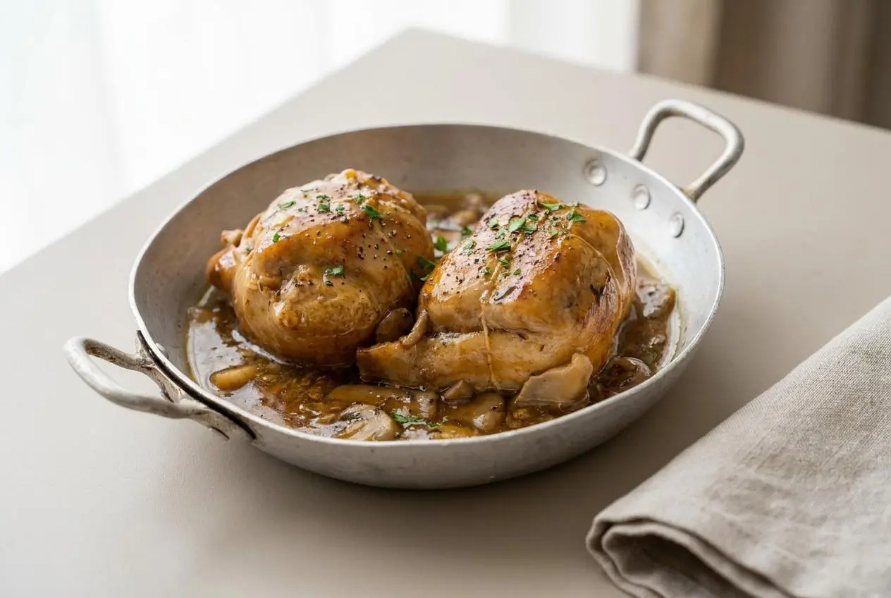 Paupiette de porc dorée nappée d'une sauce crémeuse aux champignons de Paris frais.