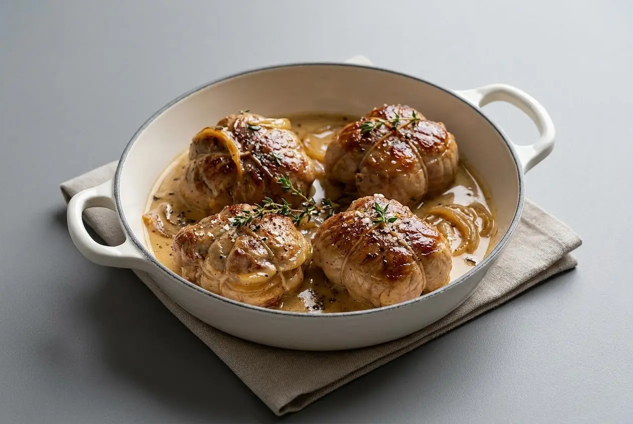 Paupiette de veau au cookeo dorée nappée d'une sauce crémeuse et parsemée de thym frais