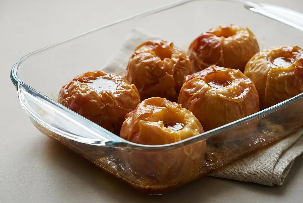 Pommes au four dorées et fondantes dans leur jus ambré caramélisé au beurre.