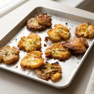 Pommes de terre écrasées croustillantes aux bords bien dorés et au cœur moelleux.