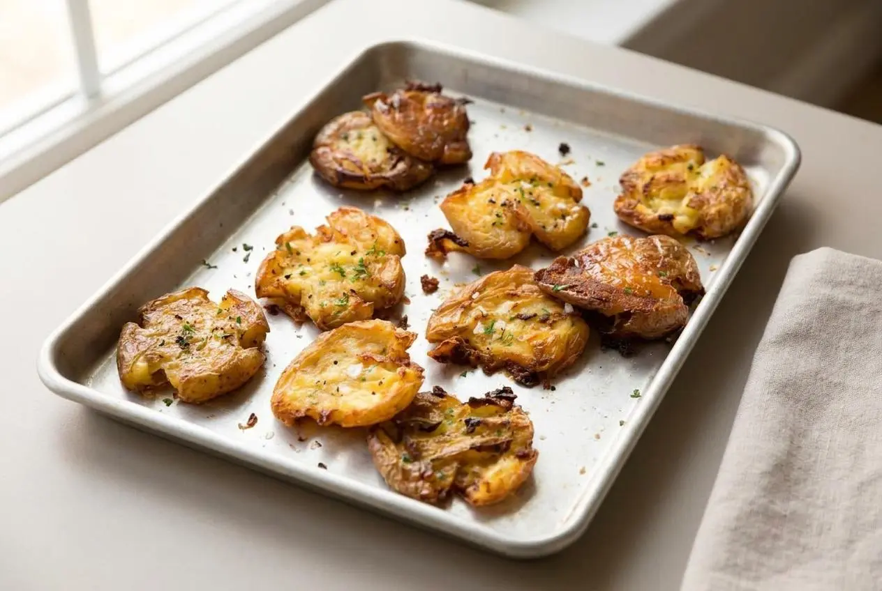 Pommes de terre écrasées croustillantes aux bords bien dorés et au cœur moelleux.