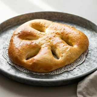Pompe à l'huile provençale dorée aux fentes ouvertes avec une croûte souple et satinée.