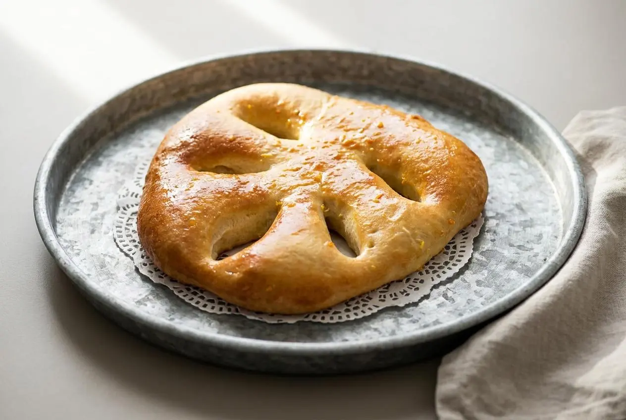 Pompe à l'huile provençale dorée aux fentes ouvertes avec une croûte souple et satinée.