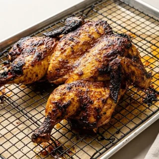 Poulet portugais rôti en crapaudine à la peau croustillante dorée et laquée au piri-piri.