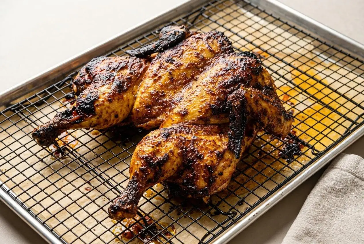 Poulet portugais rôti en crapaudine à la peau croustillante dorée et laquée au piri-piri.