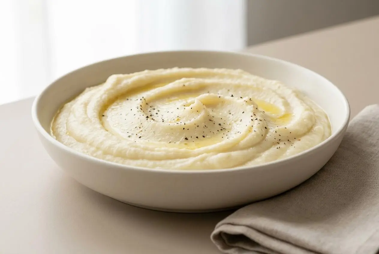 Purée au chou-fleur douce et onctueuse servie dans un bol avec un fini soyeux et beurré.