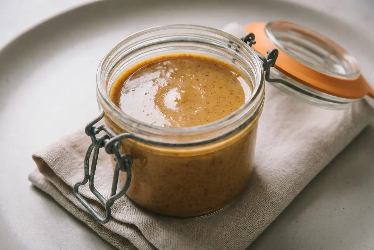 Purée de noisettes maison onctueuse et brillante dans un bocal en verre.