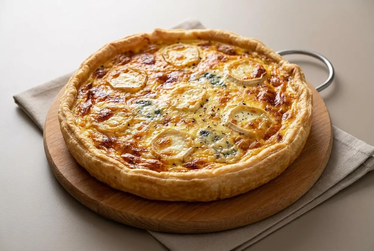 Quiche au fromage dorée et fondante garnie de rondelles de chèvre et comté gratiné
