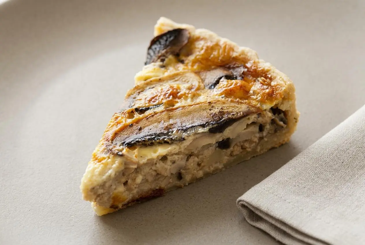 Quiche aux champignons dorée et fondante à la crème et au comté dans un plat à tarte.