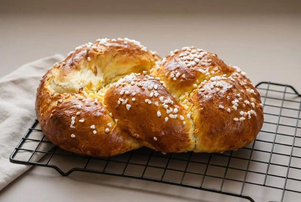Recette brioche moelleuse dorée et brillante parsemée de sucre en grains.