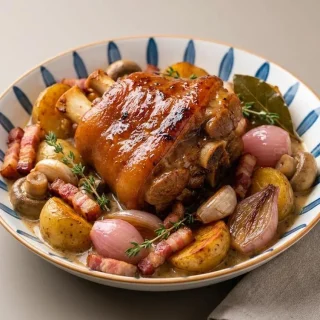 Recette jarret de porc braisé à la couenne dorée nappé d'une sauce crémeuse aux lardons et champignons.