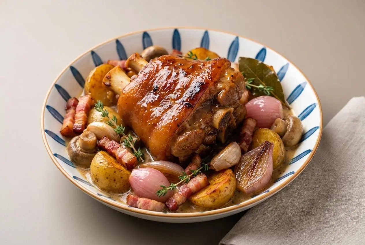 Recette jarret de porc braisé à la couenne dorée nappé d'une sauce crémeuse aux lardons et champignons.