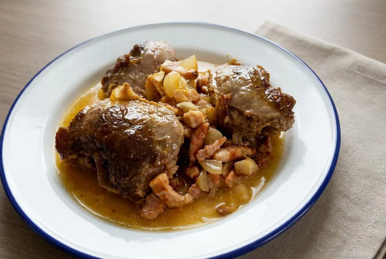 Recette joue de porc braisée avec sauce brillante à la bière et lardons en cocotte