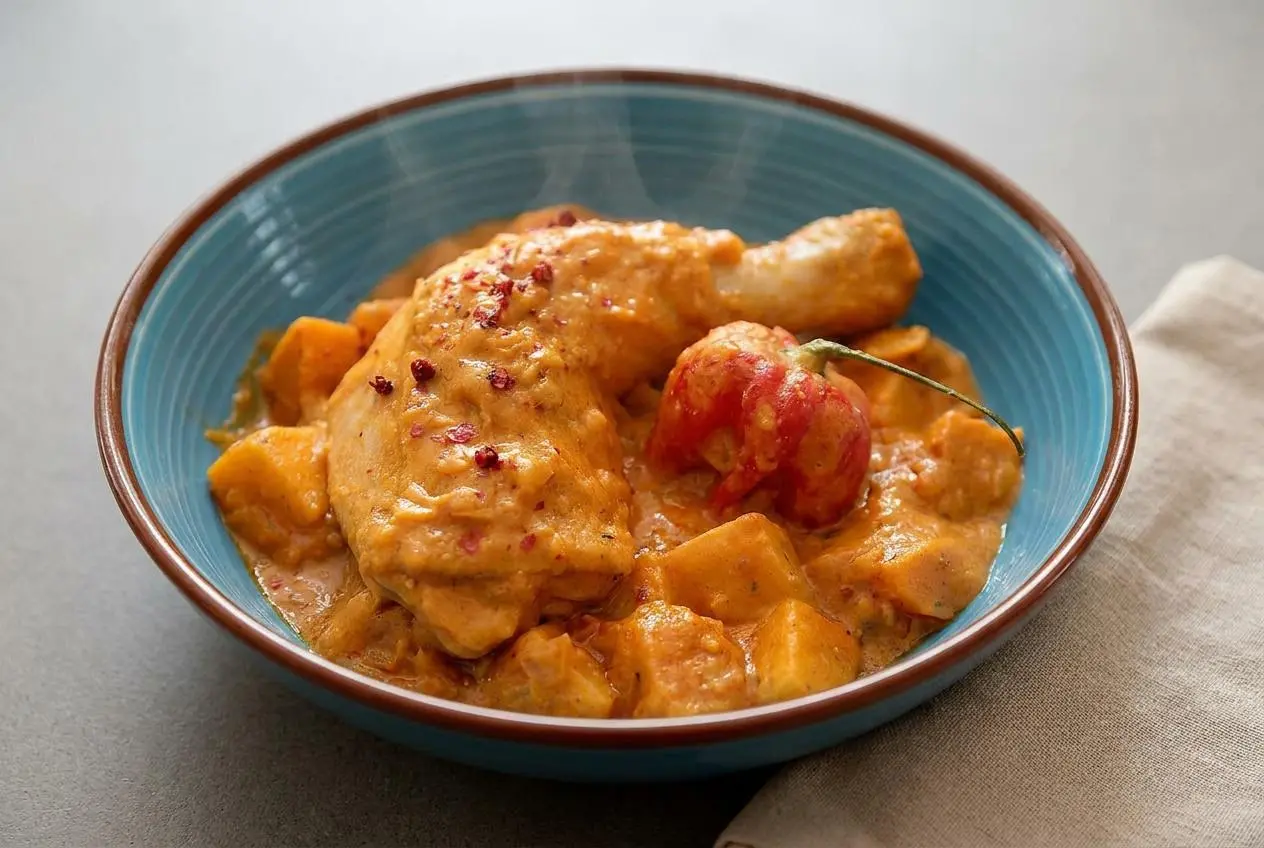 Recette mafé poulet mijoté à la sauce onctueuse d'arachide et patates douces fondantes