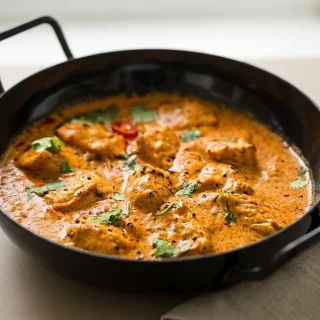 Recette poulet massala mijoté dans une sauce onctueuse tomate coco parsemée de coriandre fraîche.