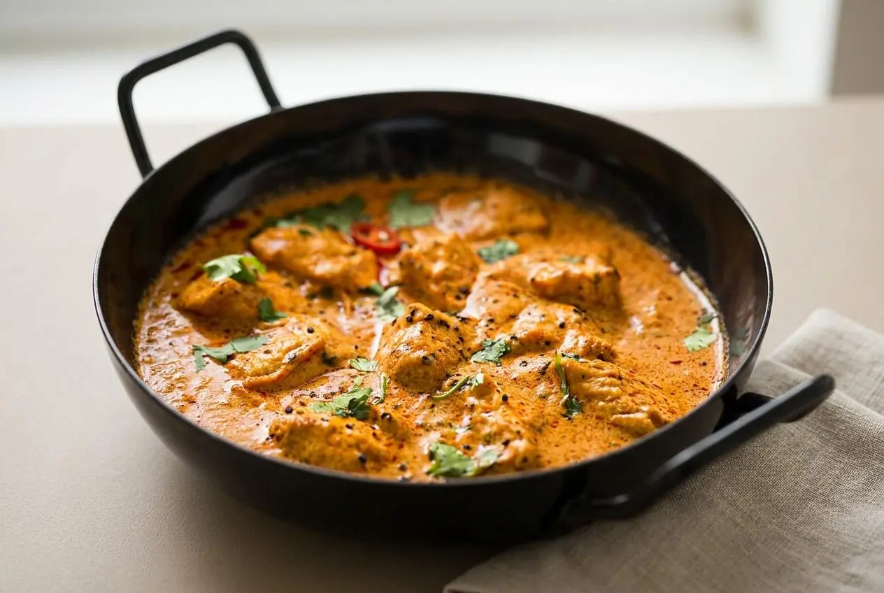 Recette poulet massala mijoté dans une sauce onctueuse tomate coco parsemée de coriandre fraîche.