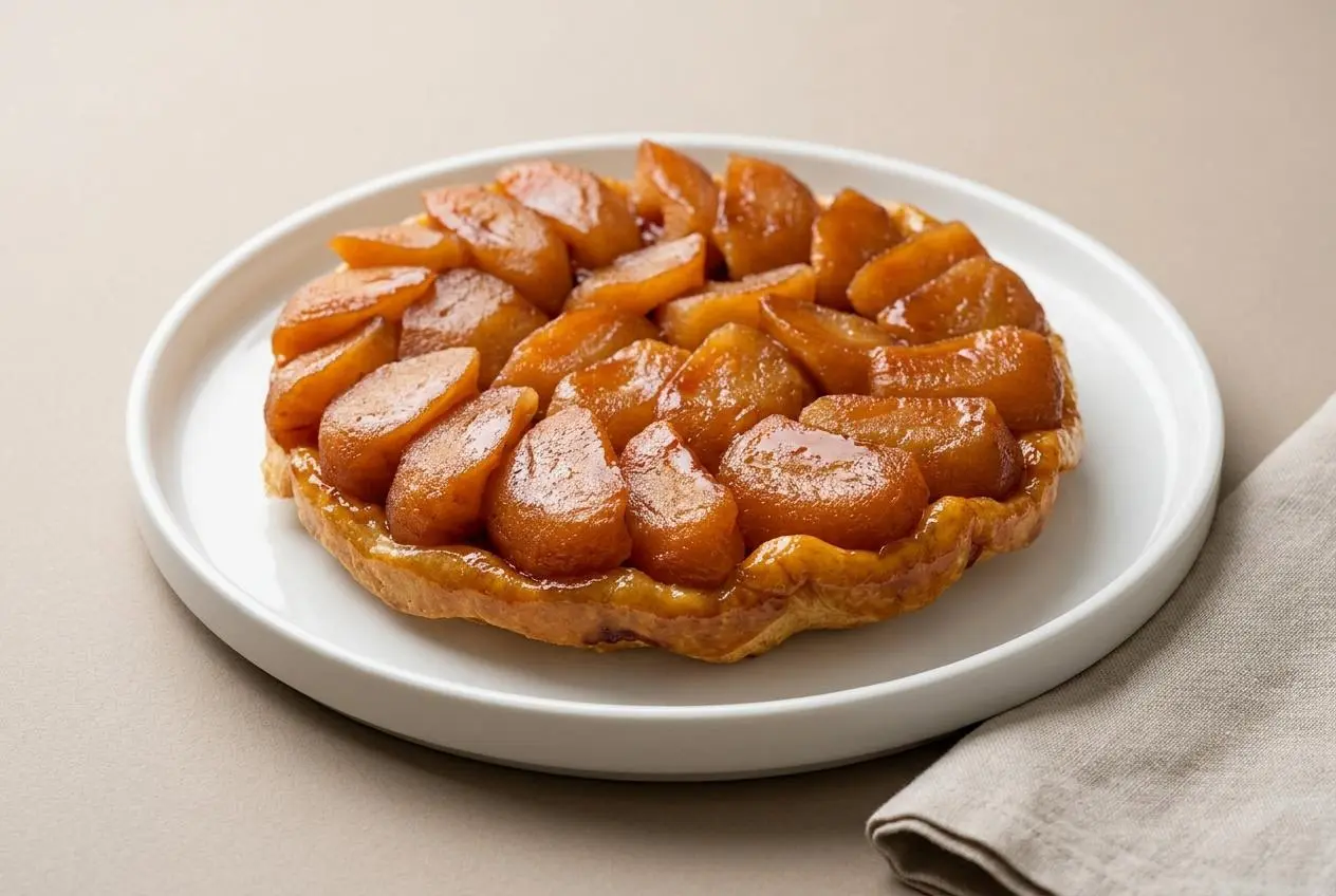 Recette tarte Tatin aux pommes fondantes et caramélisées sur une pâte brisée dorée et croustillante.