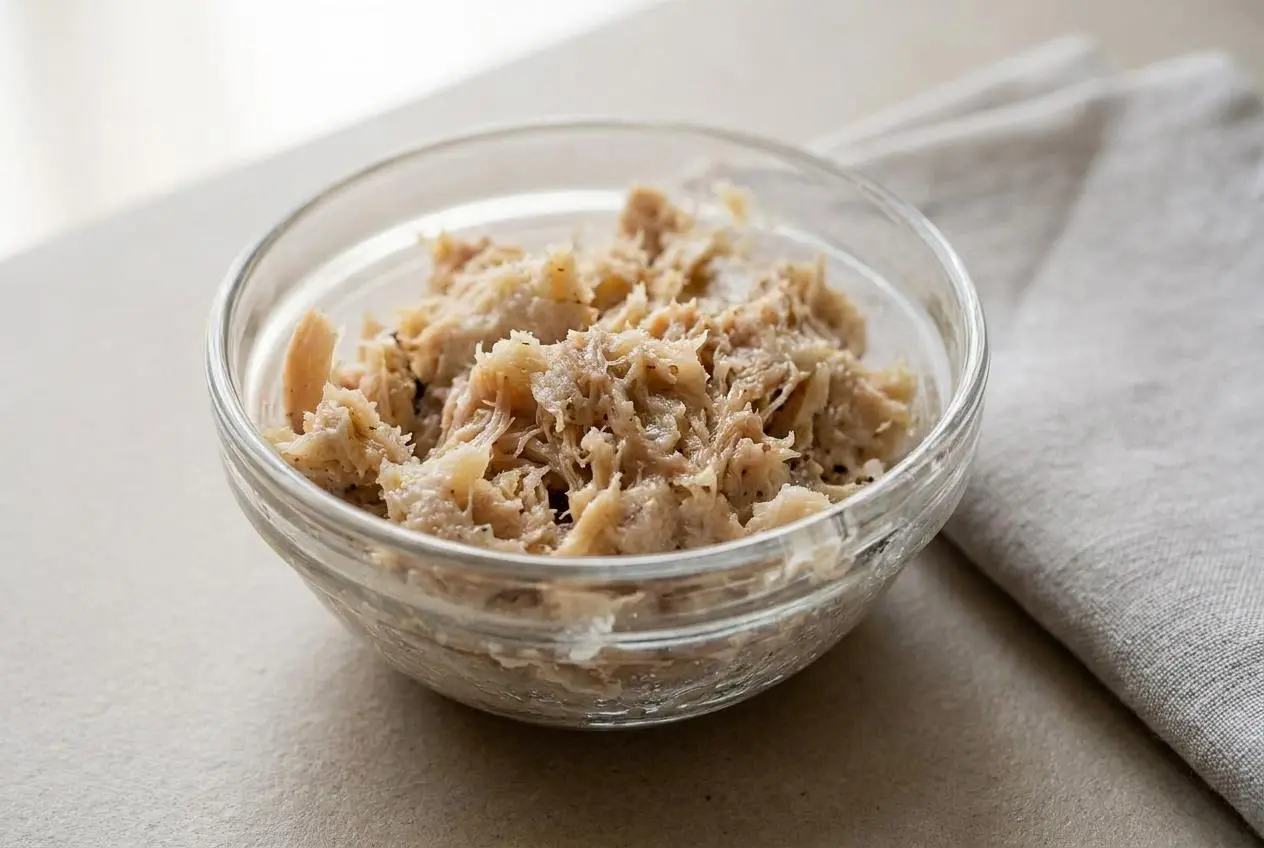 Terrine de rillettes de poulet maison à la texture fondante et filandreuse sur du pain de campagne.
