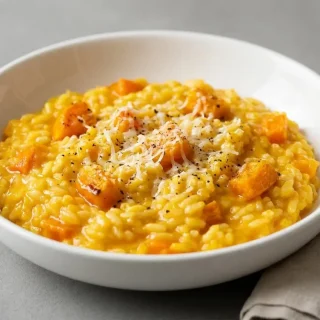 Risotto au potimarron onctueux et brillant, parsemé de fromage et prêt à servir.