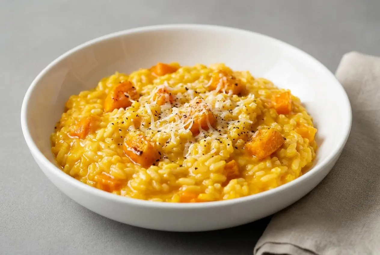 Risotto au potimarron onctueux et brillant, parsemé de fromage et prêt à servir.