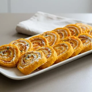 Roulé aux carottes et fromage frais tranché avec sa garniture crémeuse à la ciboulette et jambon.