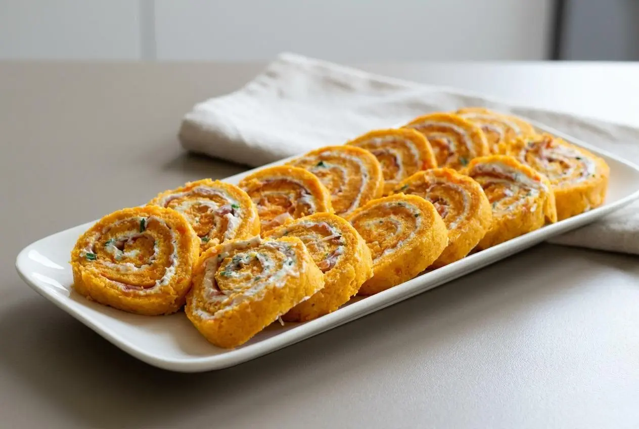 Roulé aux carottes et fromage frais tranché avec sa garniture crémeuse à la ciboulette et jambon.