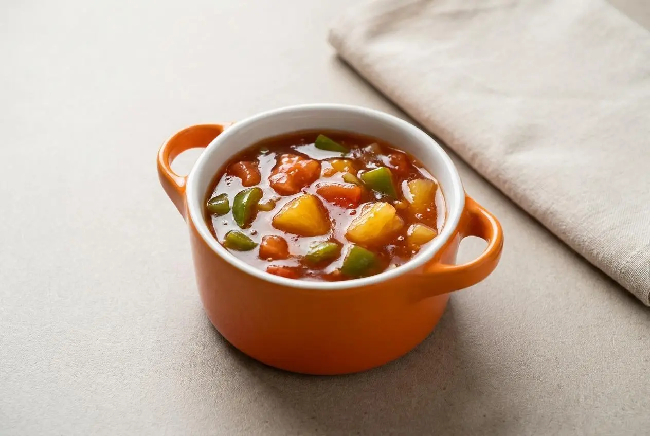 Sauce aigre douce maison brillante et nappante avec dés d ananas et de poivron
