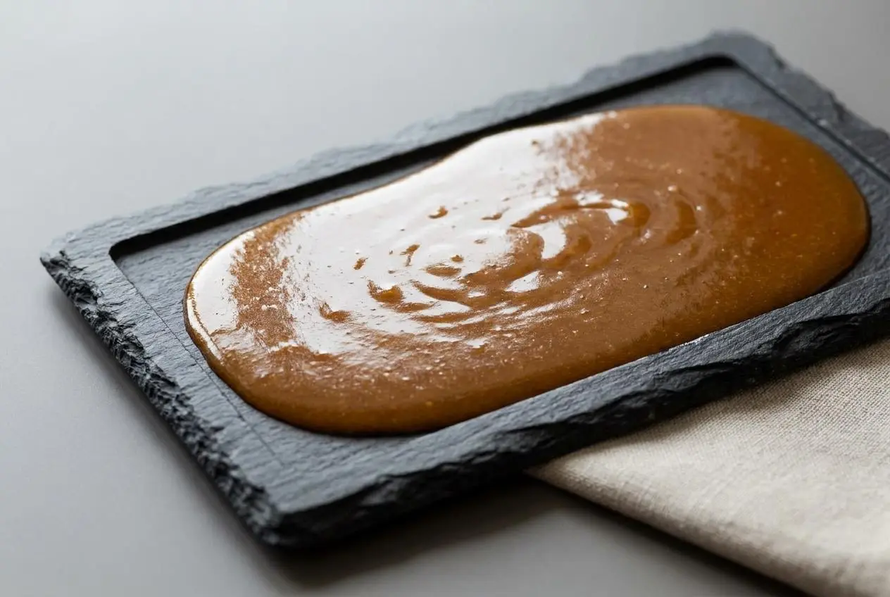 Sauce au miel brillante et veloutée servie dans une saucière en céramique.