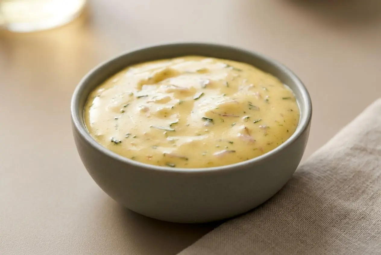 Sauce béarnaise onctueuse et brillante parsemée d'estragon frais dans un bol.