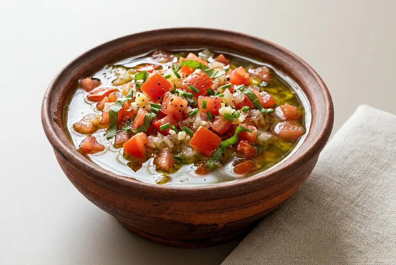 Sauce vierge brillante aux tomates en dés, basilic frais et huile d'olive dans un bol en céramique.