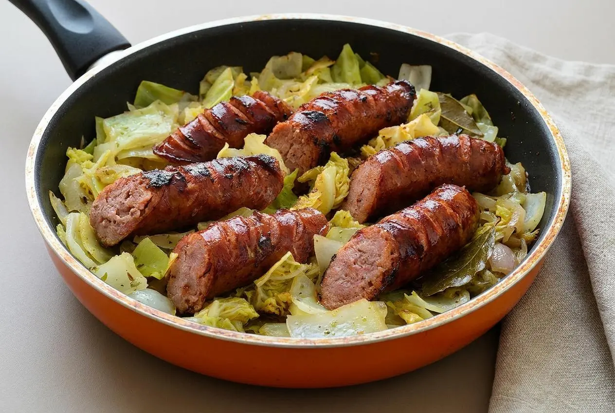 Saucisses au choux mijotées en cocotte avec lanières de chou vert fondant et jus réduit
