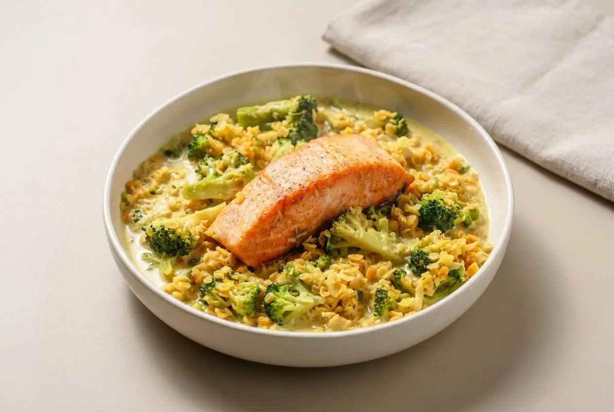Saumon et lentilles corail au lait de coco nappés d'une sauce crémeuse dorée avec fleurettes de brocoli.