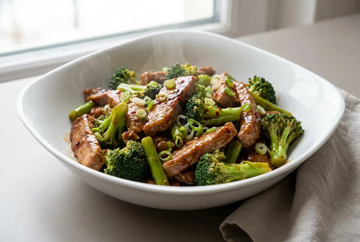 Sauté de porc et brocoli nappé d'une sauce hoisin brillante aux fleurettes croquantes.