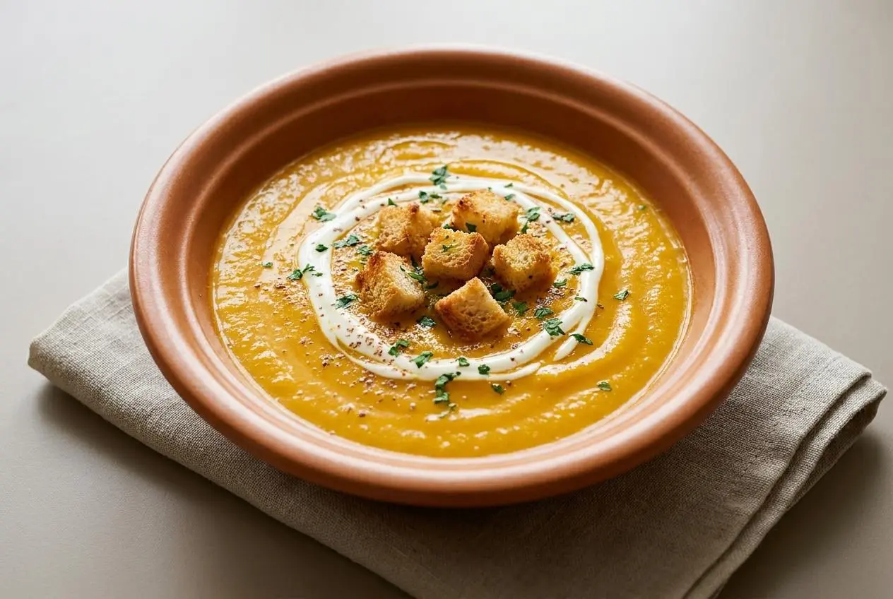 Bol de soupe de potiron veloutée garnie de crème et croûtons dorés